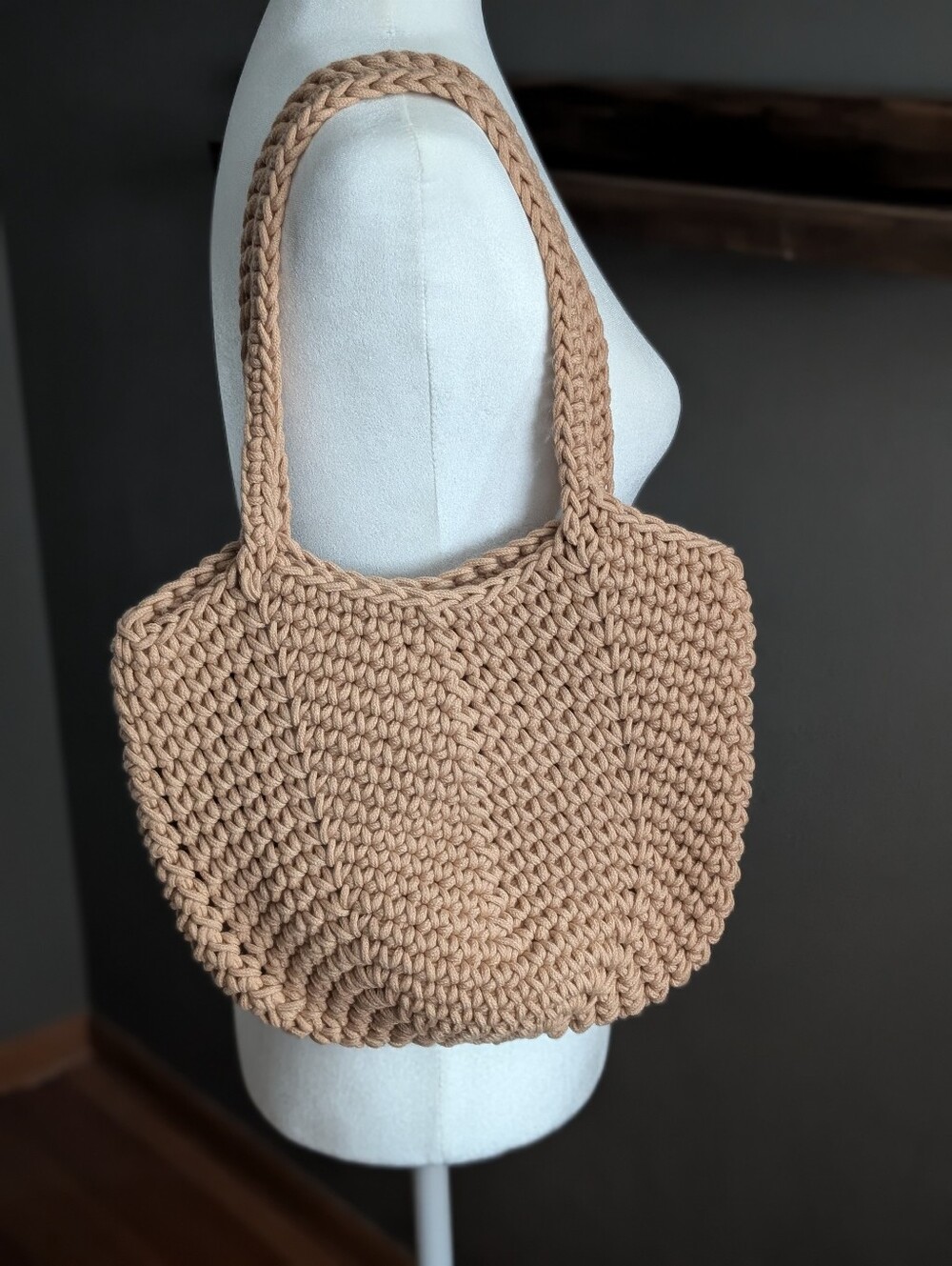 Tan Crochet Shoulder Tote Bag Neutral Coastal Grandmother Boho Casual Chic